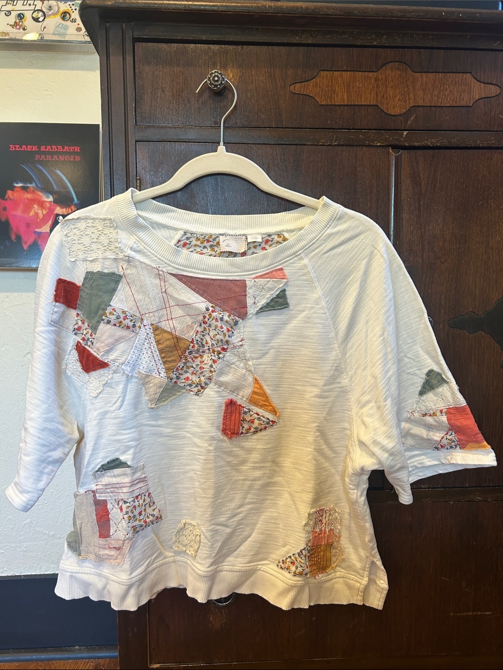 Anthropologie White Patchwork Short Sleeve Tee with Multicolor Accents
